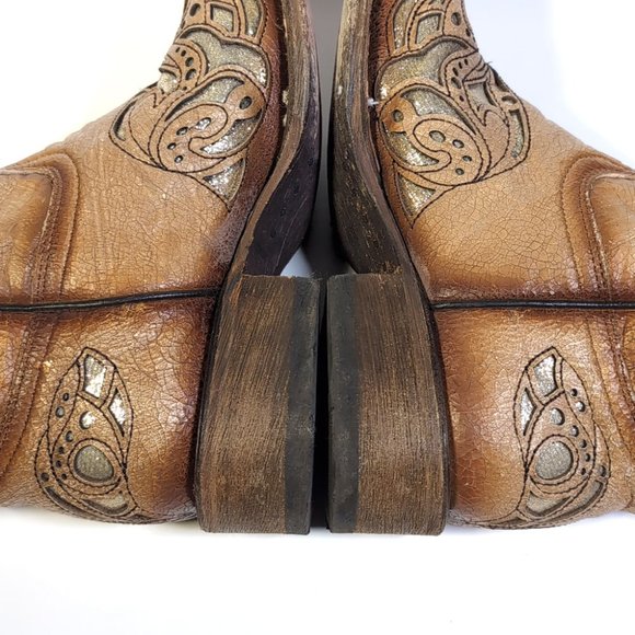 CORRAL Cowboy Square Toe Western Boots Antiqued Tan Metallic Inlay Women… - Picture 8 of 11